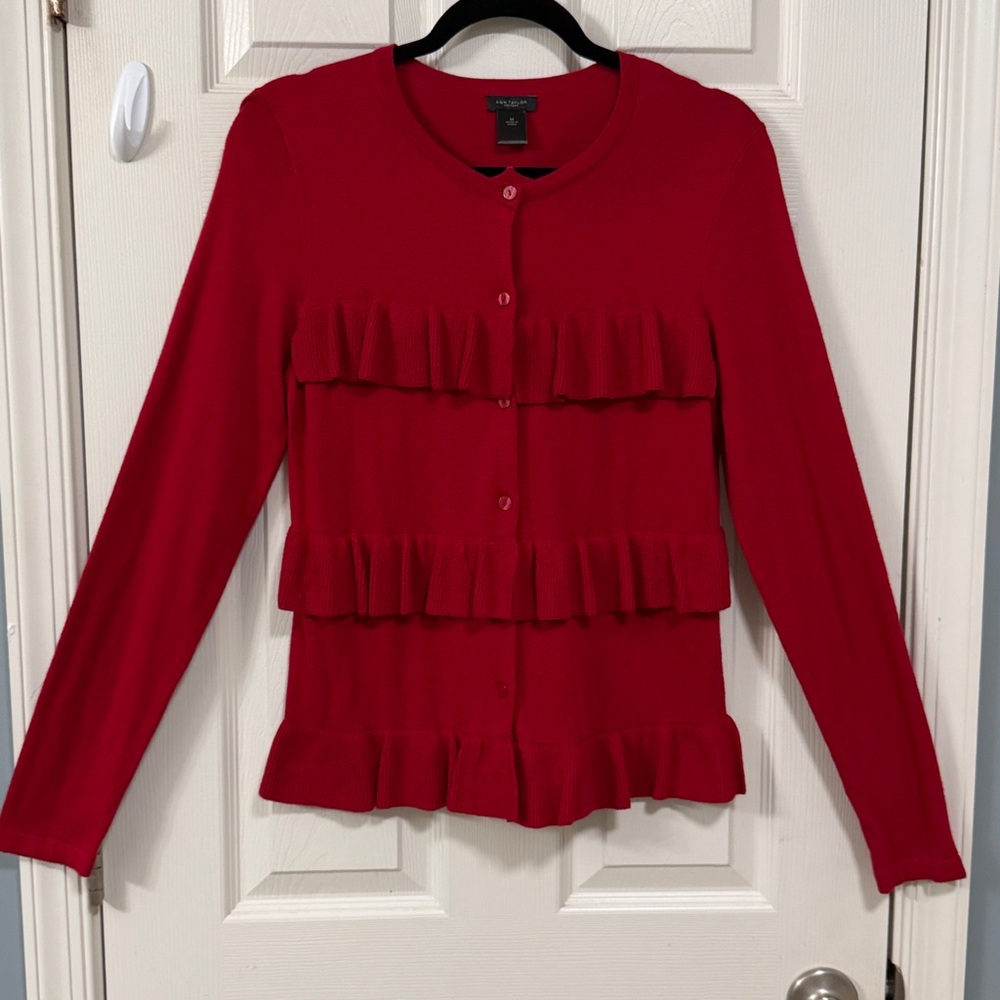 Ann Taylor Red Ruffled Button Down Sweater Holiday Cocktail Party Office - Picture 3 of 15